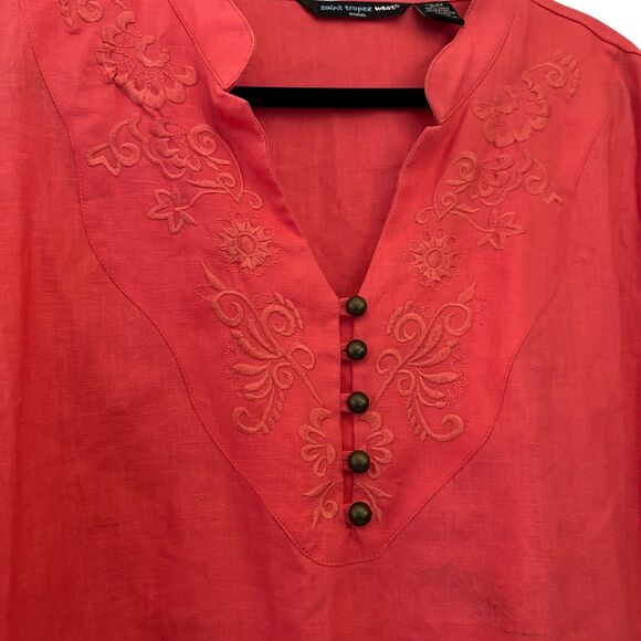 St. Tropez West Woman Salmon Pink 100% Linen Embroidered Blouse Plus Size 3X - Picture 5 of 6